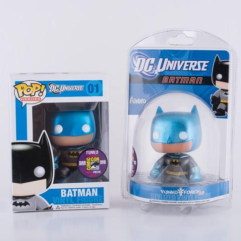 Pop! Batman in a Pop! box and Pop! Batman in dome-shaped clear packaging are side-by-side. Both are from the 2010 San Diego Comic-Con. Branden's is in the dome-shaped packaging.